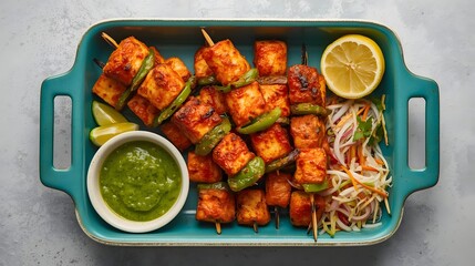 Paneer Tikka Skewers in Turquoise Baking Dish with Green Chutney and Lemon Slice in Bright Natural Lighting for Food Blog