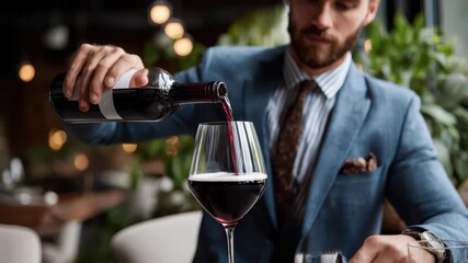 Sommelier pours red wine into a glass at an upscale restaurant during a late afternoon dining experience with warm lighting and elegant decor