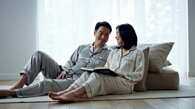 Asian Couple Reading a Book Together at Home in Matching Pajamas