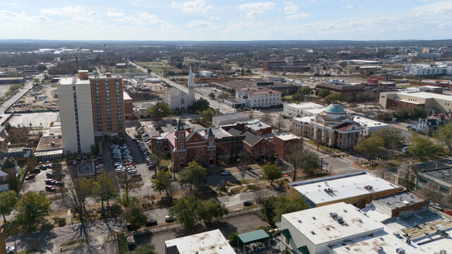 Drone view of downtown Augusta Georgia with tall buildings