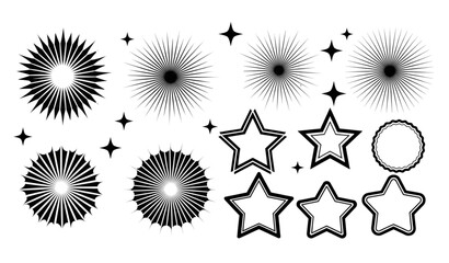 Retro black sunburst sparkle badge vector set with starburst labels on white background