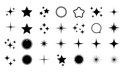 Modern black twinkling sparkle star graphics set with blank labels isolated on white © vector design 