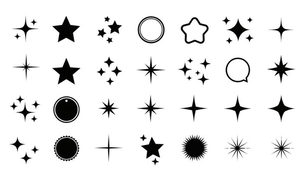 Modern black twinkling sparkle star graphics set with blank labels isolated on white