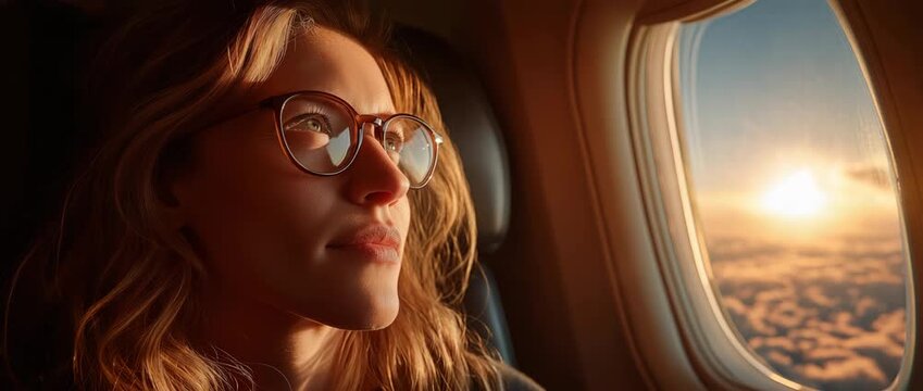 When traveling in economy class for business, a Caucasian woman sits comfortably and looks out the window.