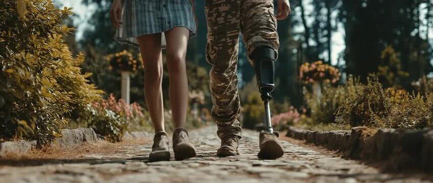 Walking exercises in public parks for individuals with disabilities and handicaps combined with prosthetic legs from amputations and diversity with universal design for improved accessible infrastruct