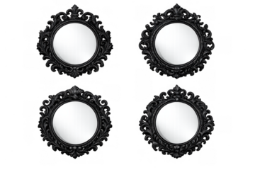 Ornate vintage black baroque mirrors creating a luxurious antique frame collection on transparent background