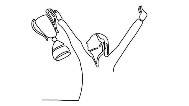 Continuous line animation of woman holding trophy