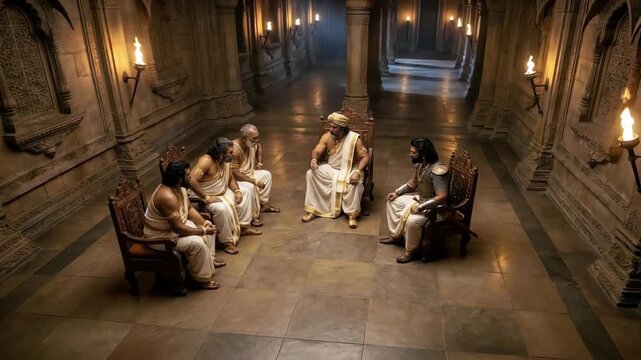 An ancient council meets inside a stone temple chamber, radiating wisdom, authority, and solemn deliberation in a sacred, historic setting.