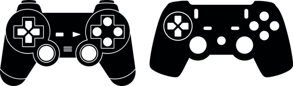 Vector illustration of two black video game controller silhouettes isolated on white background for gaming entertainment technology and e-sports competition concepts