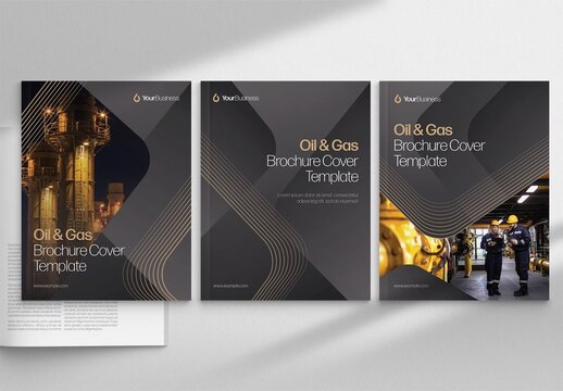 Brochure Report Cover Template with Heavy Industry, Oil & Gas Theme with Grey, Black & Gold Accents
