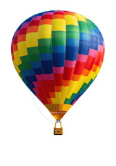 Obraz premium Vibrant hot air balloon with colorful striped geometric patterns and yellow basket, on a transparent background with professional studio lighting, vibrant display concept