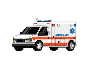 Illustration of a white ambulance with red and blue stripes, featuring emergency lights and the Star of Life symbol, commonly used for medical emergencies and patient transport