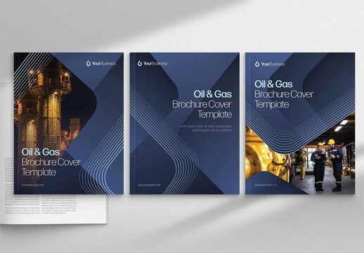 Brochure Report Cover Template with Heavy Industry, Oil & Gas Theme with Blue & Gold Accents