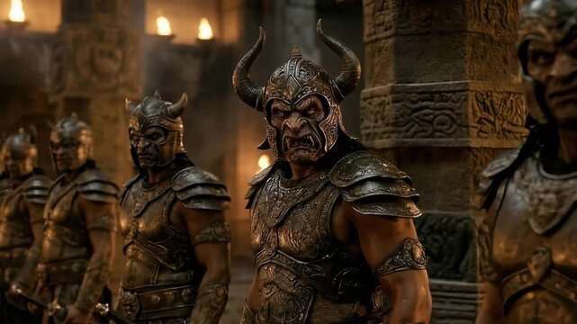 Armored soldiers stand in formation inside an ancient hall, radiating discipline, strength, and commanding presence amid majestic architecture.