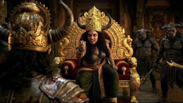 Armored warriors stand before a mythological queen on her throne, radiating loyalty, discipline, and reverence in a grand, regal setting.