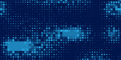 Abstract Dark Blue Square Halftone Background. Digital Pixel Geometric Pattern for Cyber Security, Big Data, and Tech Banner. Modern Futuristic Mosaic Texture for Corporate Header and Web Design.