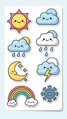 Naklejka premium A vibrant collection of cartoon weather elements including sun, clouds, and rainbow, depicted on a white background, viewed from a straightforward perspective.