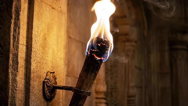 A burning torch is mounted on a temple wall in a dark interior, casting flickering light and creating a mysterious, sacred atmosphere.