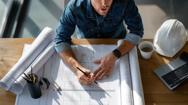 Architect engineer working on realistic project plans with blueprints and laptop at construction site while wearing safety helmet