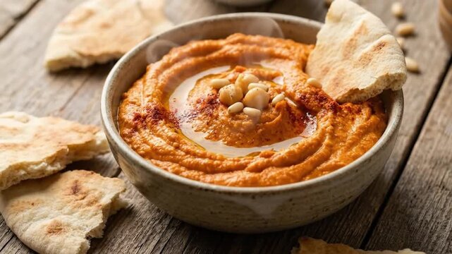 Close-up of roasted red pepper hummus bowl with pine nuts, chickpeas, olive oil and pita bread on rustic wooden table