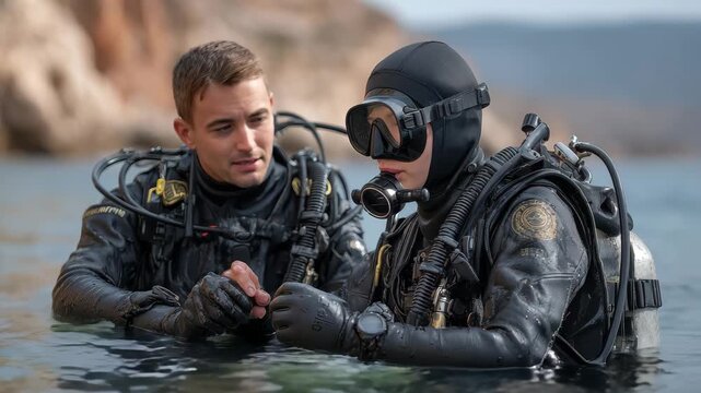 Two divers engage in training exercises before entering the water at a scenic location, practicing skills and teamwork