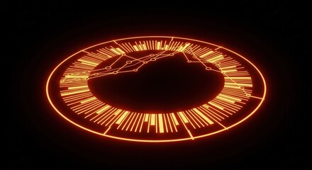 A vibrant orange circular graphic with lines radiating from the center on a black background