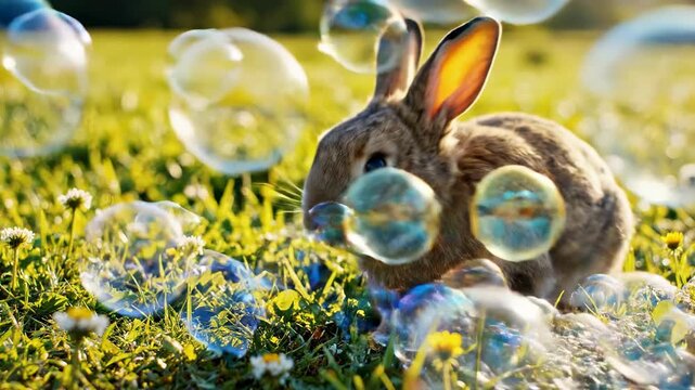 Whimsical Bunny in Bubble Wonderland: A curious bunny finds itself surrounded by a myriad of floating bubbles in a sun-drenched meadow, an image of magic and childhood wonder.