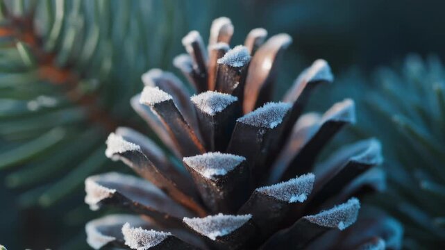 macro camera slide across frozen pine texture under cool rim light us