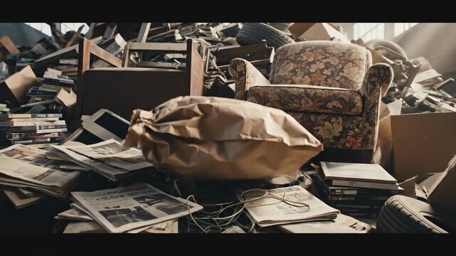 The Messy Room: Chaotic disarray fills a room, where a sofa sits amidst piles of discarded newspapers, books, and various objects, telling the story of disorder and abandoned possessions. 