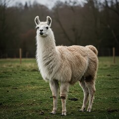 Obraz premium A majestic fluffy llama standing calmly in a grassy field, showcasing its thick woolly coat and characteristic gentle but watchful gaze ,habitat ,farm ,outdoors