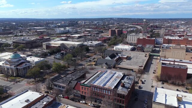Aerial view of Augusta with sunny sky and urban architecture