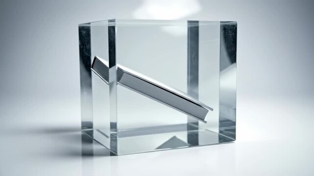 Geometric Modern: A clear, glass cube artfully encapsulates a silver, geometric element, showcasing modern design and precision. 