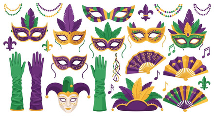 Flat lay of mardi gras themed icons and symbols, including masks, beads, gloves, and musical notes, on a clean white background. © Cintarsih