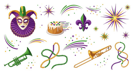 Colorful mardi gras elements, including a jester mask, beads, and musical instruments, scattered on a white background with festive confetti and symbols. © Cintarsih
