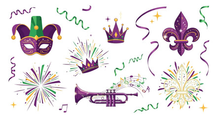 Colorful mardi gras elements including masks, crowns, fleur-de-lis, fireworks, and musical symbols arranged on a white background with purple, green, and gold hues. © Cintarsih