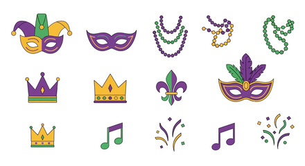 Fototapeta premium A collection of mardi gras icons and symbols including masks, beads, crowns, and musical notes on a white background with purple, green, and gold colors.