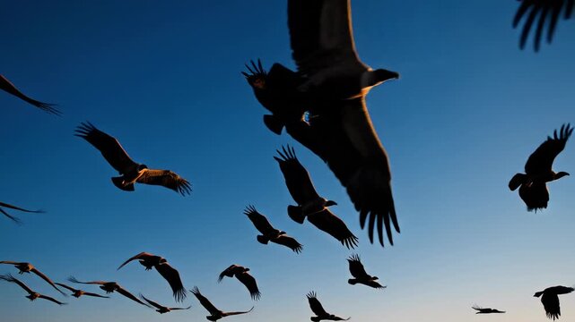 Soaring Serenity: A squadron of majestic birds fills the clear sky. These remarkable creatures, with their broad wings and keen eyes, showcase the grandeur of the open sky.