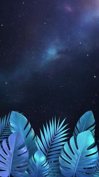 animation of a collection of tropical leaves in vibrant blue tones gently swaying in slow