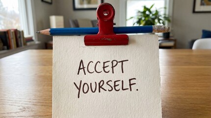 Empowering self-acceptance message at home inspirational photography indoor setting natural light positive vibes