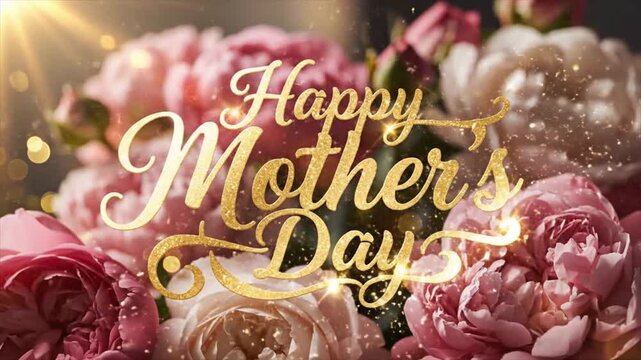 Happy Mother's Day Golden Script Text Reveal on Beautiful Pink and White Peony Flowers Background 4k video animation seamless loop