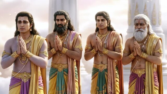 A group of ascetics stands together with folded hands, radiating humility, devotion, and serene spiritual unity.