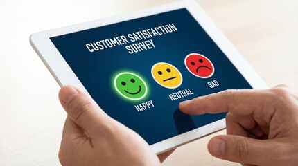 Customer satisfaction survey response digital device interactive feedback office setting close-up perspective user experience insights