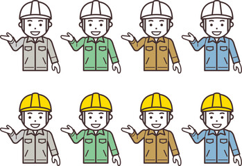 「こちら」と指し示すヘルメットと作業服を着用した男性のアイコン