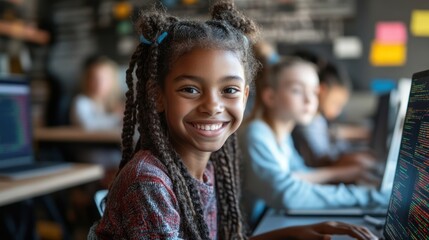 Happy young girl with braided hair smiling at the camera while learning on a laptop in a classroom setting