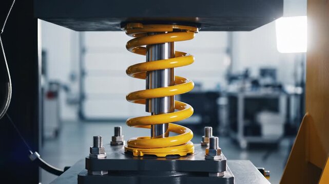 Suspension Spring Compression: Industrial precision comes to life as a yellow suspension spring undergoes a rigorous compression test within a state-of-the-art facility.