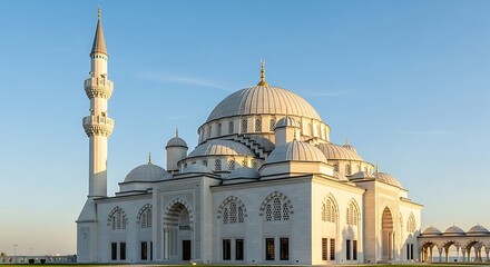 Obraz premium White Mosque Exterior with Minaret and Domes