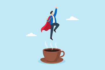 Flat illustration of businessman superhero flying from hot coffee cup symbolizing motivation boost productivity energy morning power and high work performance
