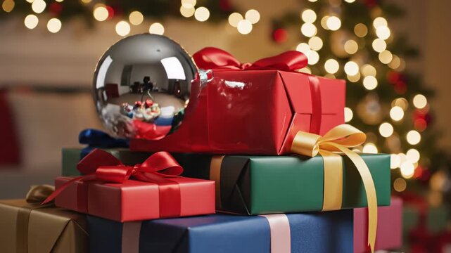 Holiday Gifts: Wrapped presents stacked artfully, a gleaming ornament, with the soft glow of festive lights in background. A perfect depiction of the holiday spirit. 