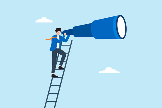 Flat illustration of businessman standing on ladder looking through giant telescope symbolizing future vision long term planning opportunity discovery strategic foresight and career direction