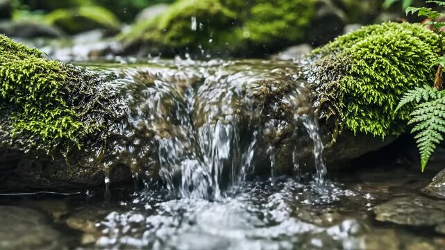 Close-up of a small waterfall cascading over mossy rocks in a lush, green forest with ferns and a blurred background.